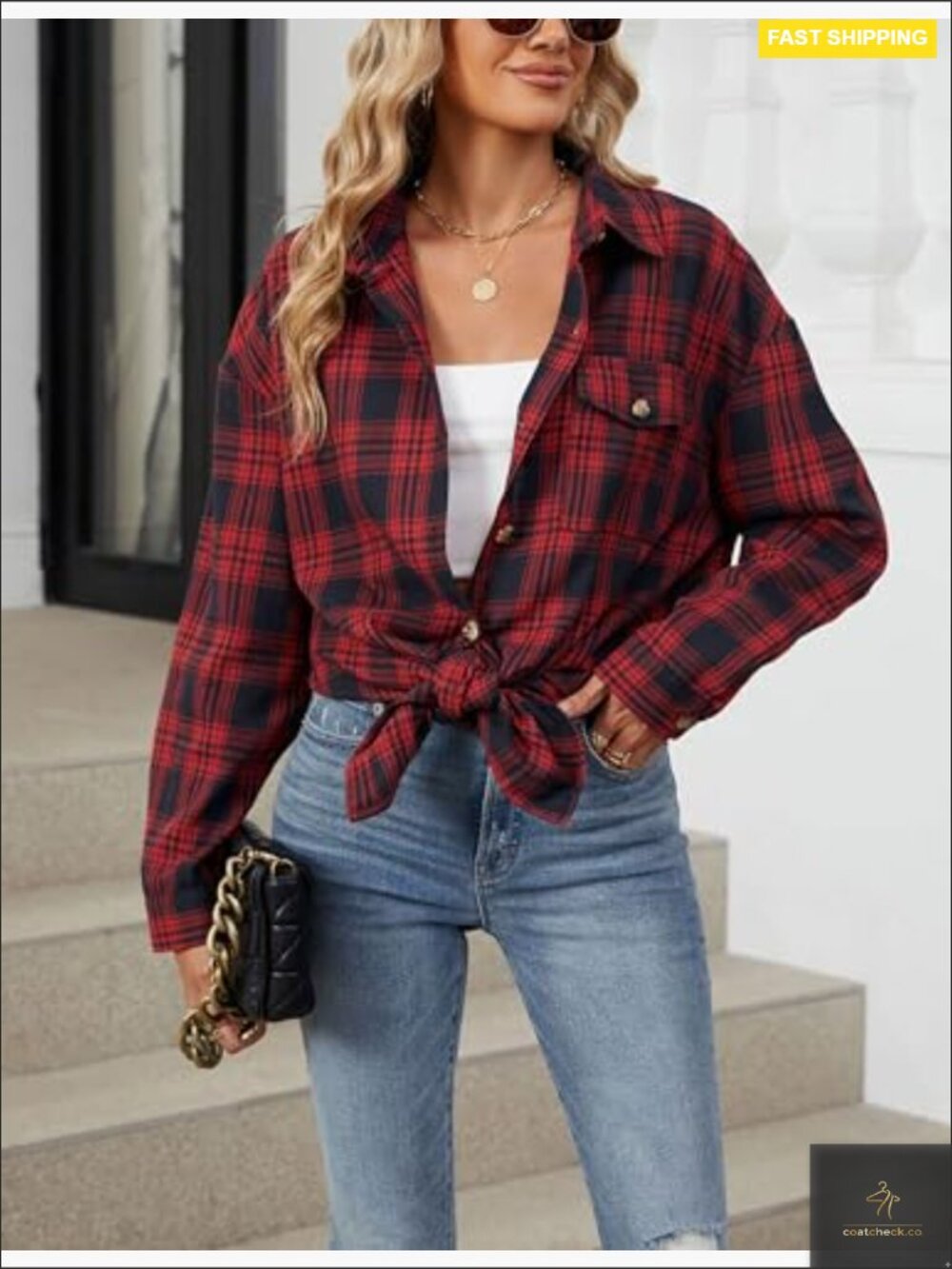 Oversized Plaid Flannel Button Down Shirt with Pockets Casual Long Sleeve Blouse - Picture 3 of 6